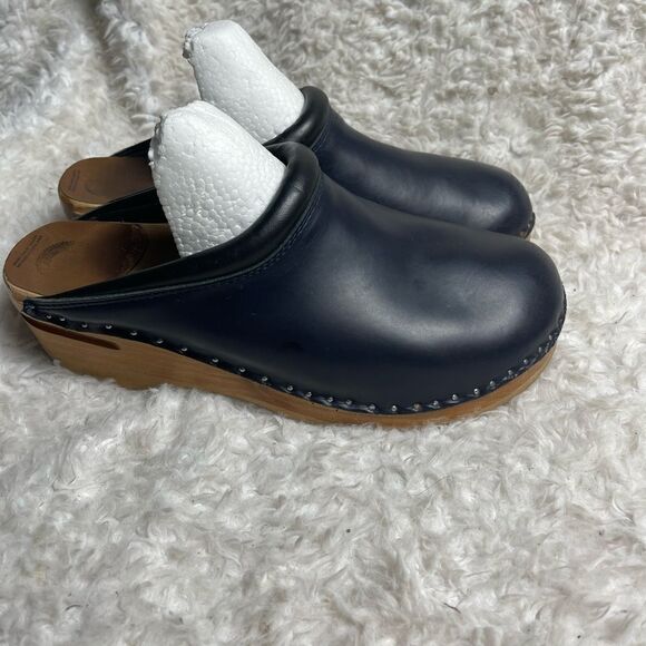 Vintage Troentorp Rembrandt  Leather Navy Blue &black Clogs wooden sole EUR SZ46 - Picture 1 of 8